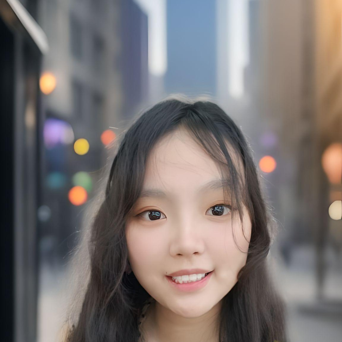 Close-up headshot of a smiling young woman who appears to be Asian with dark hair and brown eyes. The background is a blurred cityscape.