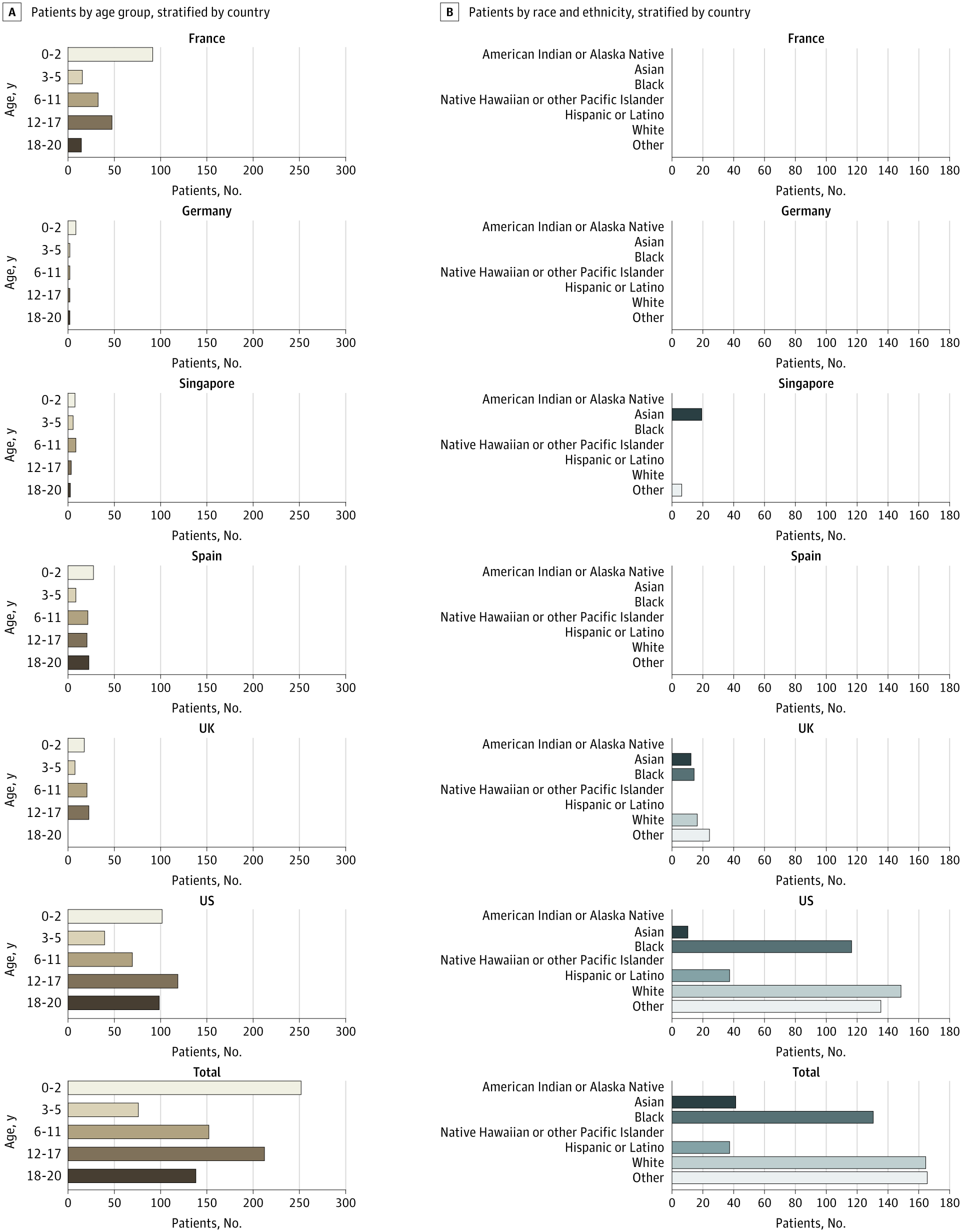 Graphs showing hospitalized COVID patient demographics in France, Germany, Singapore, Spain, the United Kingdom, and the United States, stratified by age and race.