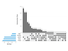 Screenshot of an image showing intersection of gene mutations in a cohort. The image consists of a black and white bar graph with numbers listed above each bar. Below the bar graph, right-justified to be aligned with the y-axis, are five gene names. Running along the bottom of the x-axis is a grid of light gray dots, with one dot corresponding to the intersection of each gene name row and bar column. Some of the dots are filled in black with vertical lines connecting them. To the left of the gene names is a horizontal bar plot. The bars are light blue and right justified.